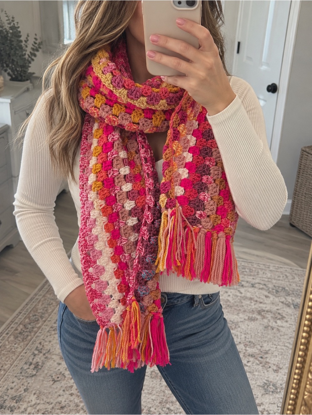 Handmade Crochet Scarf Pink Multicolor Granny Stitch Fringe Boho